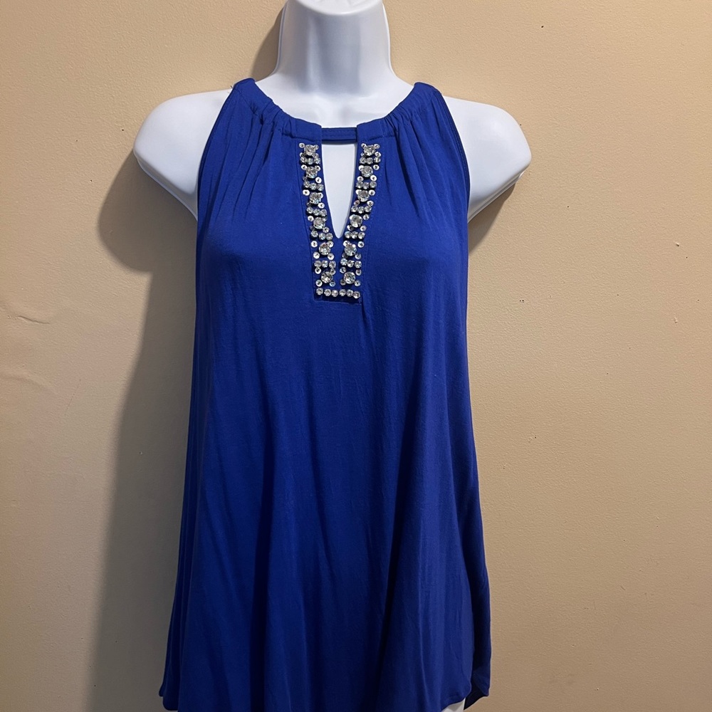 Royal blue tunic style top with rhinestone embellishment at neckline,sleeveless